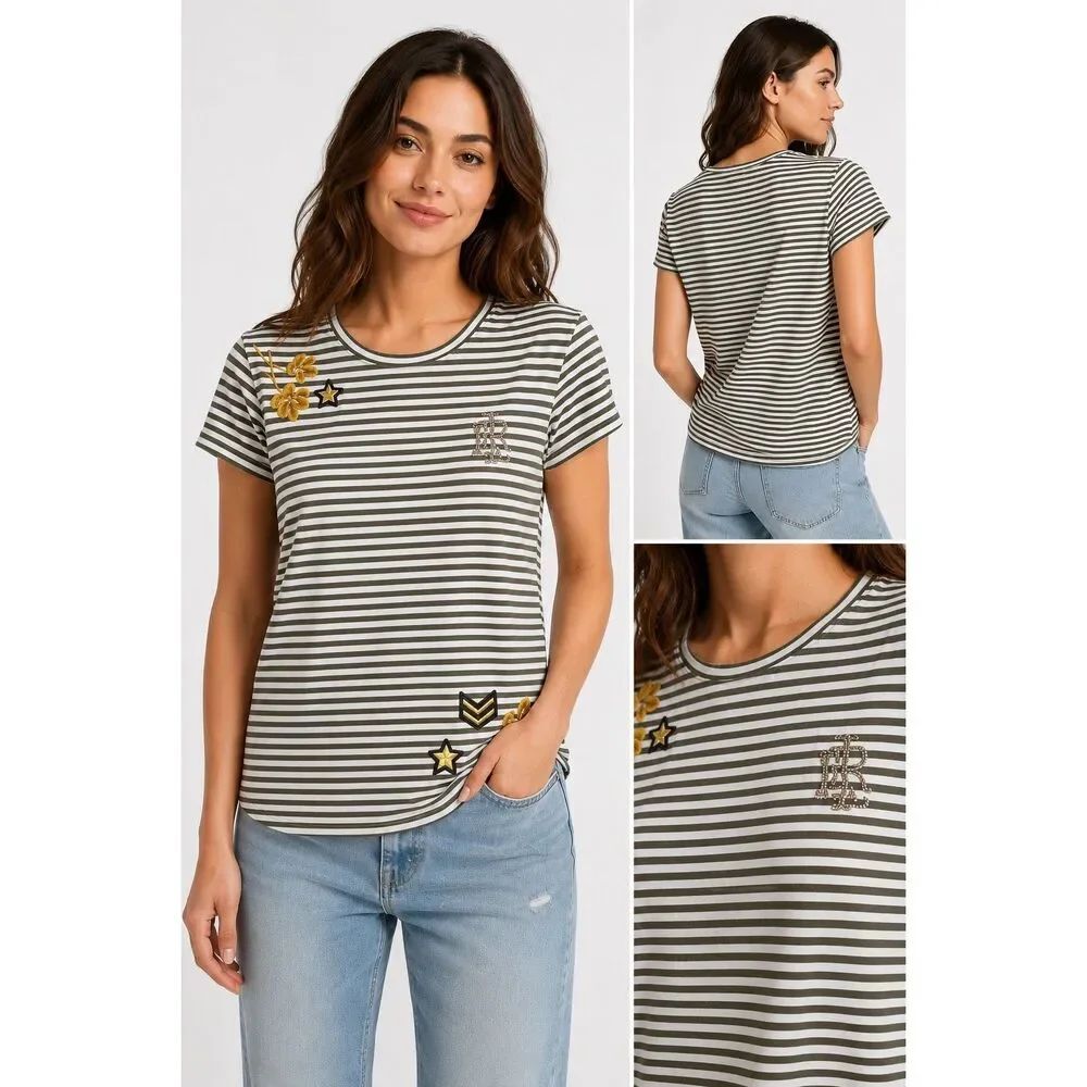 Lauren Ralph Lauren Olive White Striped Embroidered Tee Short Sleeve Size M